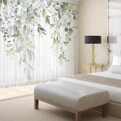 Green Eucalyptus Leaves Sheer Curtains Rod Pocket Drapes For Living Room Bedroom, Chiffon Farmhouse Curtain for Kitchen Balcony Door Window Treatments Room Darkening