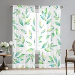 Green Eucalyptus Leaves Sheer Curtains Rod Pocket Drapes For Living Room Bedroom, Chiffon Farmhouse Curtain for Kitchen Balcony Door Window Treatments Room Darkening