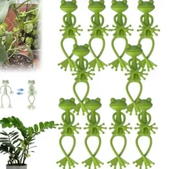Green Frog Plant Supports Set Frog Plant Stand, Cute Frog Flower Pot Hugger Plant Climbing Fixture Clips, Multipurpose Frog Planter Decor Plant Vine Traction