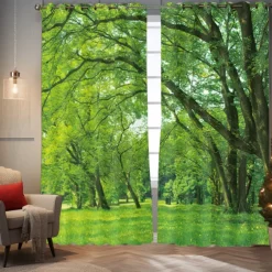 Green Healing Series Natural Forest Landscape Insulation Outdoor Balcony Rest Living Room Home Decoration 2-piece Set 3D Digital Printing Perforated Sunshade Curtains