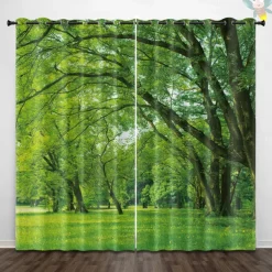 Green Healing Series Natural Forest Landscape Insulation Outdoor Balcony Rest Living Room Home Decoration 2-piece Set 3D Digital Printing Perforated Sunshade Curtains