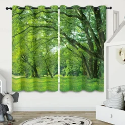 Green Healing Series Natural Forest Landscape Insulation Outdoor Balcony Rest Living Room Home Decoration 2-piece Set 3D Digital Printing Perforated Sunshade Curtains