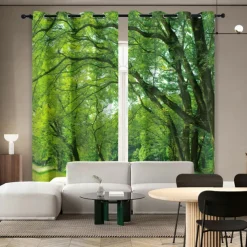 Green Healing Series Natural Forest Landscape Insulation Outdoor Balcony Rest Living Room Home Decoration 2-piece Set 3D Digital Printing Perforated Sunshade Curtains