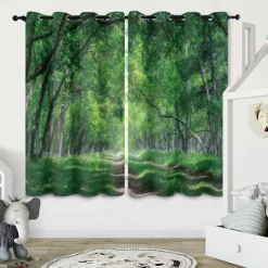 Green Healing Series Natural Forest Landscape Insulation Outdoor Balcony Rest Living Room Home Decoration 2-piece Set 3D Digital Printing Perforated Sunshade Curtains