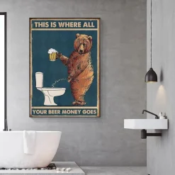 Grumpy Bear Drinking Beer Prints Poster Abstract Wall Art Canvas Modern Canvas Painting Print Picture Bathroom Toilet Nordic Home Decor Frameless