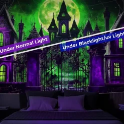 HallAoween Blacklight Tapestry UV Reactive Glow in the Dark Forest Trippy Mountain Misty Graveyard Ghost Hanging Tapestry Wall Art Mural for Living Room Bedroom