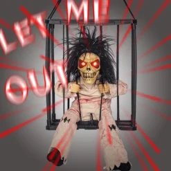 Halloween Animated Decoration, 1pc Motion-Sensor Activated Screaming Clown in Cage with Light-Up Eyes, Spooky Prisoner Ghost Prop for Indoor/Outdoor Decor, Plastic, No Batteries, AA Battery Operated (