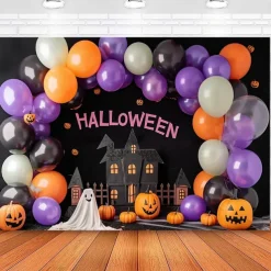 Halloween Balloon Arch Backdrop – Haunted House Pumpkin Ghost Wall Hanging Tapestry Photography Background for Party Bedroom Living Room 2025 Halloween Home Decoration