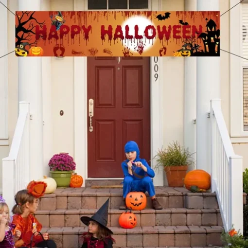 Halloween Banner Decoration Outdoor Banner Hanging Banner Front Door Porch Courtyard Sign Indoor Home Wall Decoration Halloween Party Welcome Sign