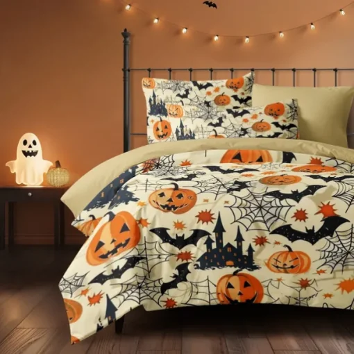Halloween Beige Duvet Cover Set - Adorable Pumpkin Print to Decorate Your Bedroom - Includes Duvet Cover and Pillowcases - Soft and Cozy Fabric - Perfect for Adding Festive Charm to Your Space