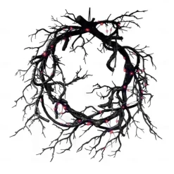 Halloween Black Branch Garland with Red LED Light for Front Door Decoration, Glitter Shiny Garland Halloween Outdoor Home Decor Ornaments