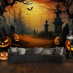 Halloween Black Cat Pumpkin Window Wall Tapestry – Autumn Fall Leaves Bookshelf Gothic Wall Art Backdrop Large Hanging Mural Blanket Curtain for Bedroom Living Room Home Decoration