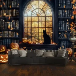Halloween Black Cat Pumpkin Window Wall Tapestry – Autumn Fall Leaves Bookshelf Gothic Wall Art Backdrop Large Hanging Mural Blanket Curtain for Bedroom Living Room Home Decoration