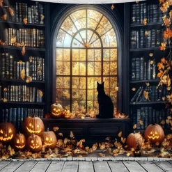 Halloween Black Cat Pumpkin Window Wall Tapestry – Autumn Fall Leaves Bookshelf Gothic Wall Art Backdrop Large Hanging Mural Blanket Curtain for Bedroom Living Room Home Decoration