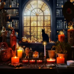 Halloween Black Cat Pumpkin Window Wall Tapestry – Autumn Fall Leaves Bookshelf Gothic Wall Art Backdrop Large Hanging Mural Blanket Curtain for Bedroom Living Room Home Decoration