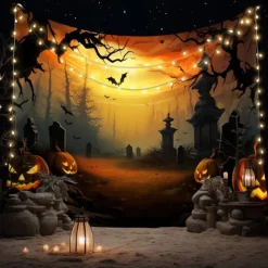 Halloween Black Cat Pumpkin Window Wall Tapestry – Autumn Fall Leaves Bookshelf Gothic Wall Art Backdrop Large Hanging Mural Blanket Curtain for Bedroom Living Room Home Decoration