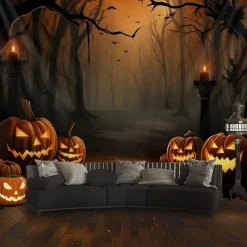 Halloween Black Cat Pumpkin Window Wall Tapestry – Autumn Fall Leaves Bookshelf Gothic Wall Art Backdrop Large Hanging Mural Blanket Curtain for Bedroom Living Room Home Decoration