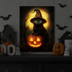 Halloween Black Cat Witch with Pumpkin LED Canvas Wall Art - Battery Operated Lighted Wall Decor for 2025 Halloween home decoration light livingroom and bedroom