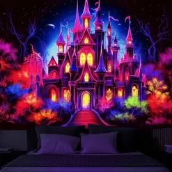 Halloween Blacklight Tapestry Haunted Castle UV Reactive Glow in the Dark Glow Party Trippy Misty Haunted House Hanging Tapestry Wall Art Mural for Living Room Bedroom