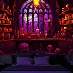 Halloween Blacklight Tapestry Haunted Castle UV Reactive Glow in the Dark Glow Party Trippy Misty Haunted House Hanging Tapestry Wall Art Mural for Living Room Bedroom