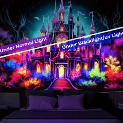 Halloween Blacklight Tapestry Haunted Castle UV Reactive Glow in the Dark Glow Party Trippy Misty Haunted House Hanging Tapestry Wall Art Mural for Living Room Bedroom