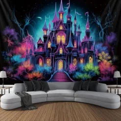 Halloween Blacklight Tapestry Haunted Castle UV Reactive Glow in the Dark Glow Party Trippy Misty Haunted House Hanging Tapestry Wall Art Mural for Living Room Bedroom