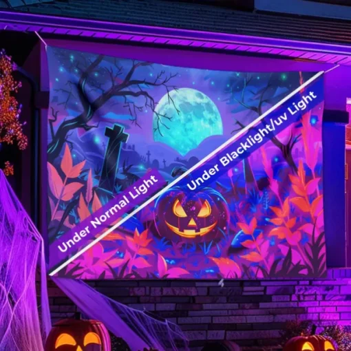 Halloween Blacklight Tapestry UV Reactive Glow in the Dark Forest Trippy Mountain Misty Graveyard Ghost Hanging Tapestry Wall Art Mural for Living Room Bedroom