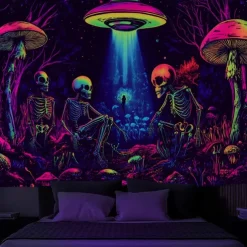 Halloween Blacklight Tapestry Glow in the Dark Glow Party UV Reactive Skull Aliens Trippy Forest Misty Nature Landscape Hanging Tapestry Wall Art Mural for Living Room Bedroom
