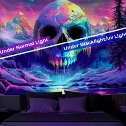 Halloween Blacklight Tapestry Glow in the Dark Glow Party UV Reactive Skull Aliens Trippy Forest Misty Nature Landscape Hanging Tapestry Wall Art Mural for Living Room Bedroom
