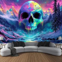 Halloween Blacklight Tapestry Glow in the Dark Glow Party UV Reactive Skull Aliens Trippy Forest Misty Nature Landscape Hanging Tapestry Wall Art Mural for Living Room Bedroom