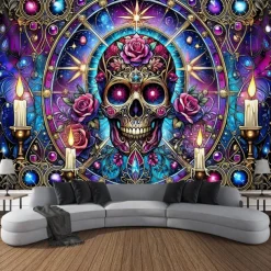 Halloween Blacklight Tapestry Glow in the Dark Glow Party UV Reactive Skull Trippy Misty Nature Landscape Hanging Tapestry Wall Art Mural for Living Room Bedroom