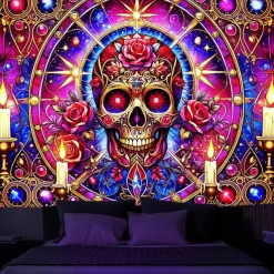 Halloween Blacklight Tapestry Glow in the Dark Glow Party UV Reactive Skull Trippy Misty Nature Landscape Hanging Tapestry Wall Art Mural for Living Room Bedroom