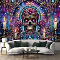 Halloween Blacklight Tapestry Glow in the Dark Glow Party UV Reactive Skull Trippy Misty Nature Landscape Hanging Tapestry Wall Art Mural for Living Room Bedroom