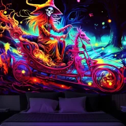 Halloween Blacklight Tapestry Skull Car UV Reactive Glow in the Dark Glow Party Psychedelic Trippy Misty Hanging Tapestry Wall Art Mural for Living Room Bedroom
