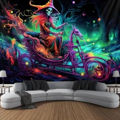Halloween Blacklight Tapestry Skull Car UV Reactive Glow in the Dark Glow Party Psychedelic Trippy Misty Hanging Tapestry Wall Art Mural for Living Room Bedroom