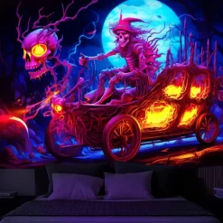 Halloween Blacklight Tapestry Skull Car UV Reactive Glow in the Dark Glow Party Psychedelic Trippy Misty Hanging Tapestry Wall Art Mural for Living Room Bedroom