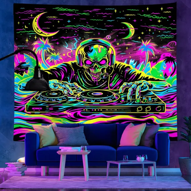 Halloween Blacklight Tapestry UV Reactive Glow in the Dark Glow Party Neon DJ Skulls Trippy Misty Hanging Tapestry Wall Art Mural for Living Room Bedroom