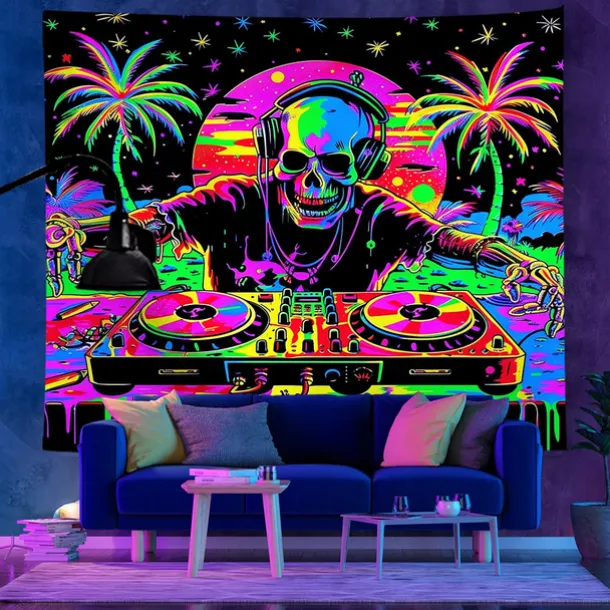 Halloween Blacklight Tapestry UV Reactive Glow in the Dark Glow Party Neon DJ Skulls Trippy Misty Hanging Tapestry Wall Art Mural for Living Room Bedroom