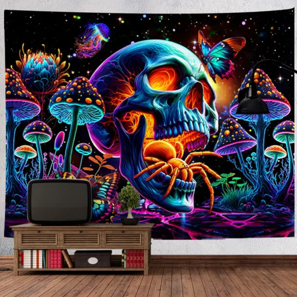 Halloween Blacklight Tapestry UV Reactive Glow in the Dark Glow Party Neon DJ Skulls Trippy Misty Hanging Tapestry Wall Art Mural for Living Room Bedroom