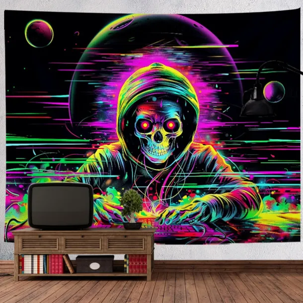Halloween Blacklight Tapestry UV Reactive Glow in the Dark Glow Party Neon DJ Skulls Trippy Misty Hanging Tapestry Wall Art Mural for Living Room Bedroom