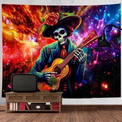 Halloween Blacklight Tapestry UV Reactive Glow in the Dark Glow Party Neon DJ Skulls Trippy Misty Hanging Tapestry Wall Art Mural for Living Room Bedroom