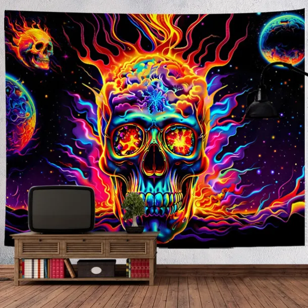 Halloween Blacklight Tapestry UV Reactive Glow in the Dark Glow Party Neon DJ Skulls Trippy Misty Hanging Tapestry Wall Art Mural for Living Room Bedroom