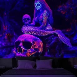 Halloween Blacklight Tapestry Glow in the Dark Glow Party UV Reactive Skull Snake Woman Creepy Trippy Misty Hanging Tapestry Wall Art Mural for Living Room Bedroom