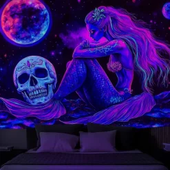 Halloween Blacklight Tapestry Glow in the Dark Glow Party UV Reactive Skull Snake Woman Creepy Trippy Misty Hanging Tapestry Wall Art Mural for Living Room Bedroom