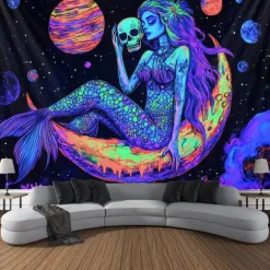 Halloween Blacklight Tapestry Glow in the Dark Glow Party UV Reactive Skull Snake Woman Creepy Trippy Misty Hanging Tapestry Wall Art Mural for Living Room Bedroom