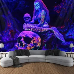 Halloween Blacklight Tapestry Glow in the Dark Glow Party UV Reactive Skull Snake Woman Creepy Trippy Misty Hanging Tapestry Wall Art Mural for Living Room Bedroom