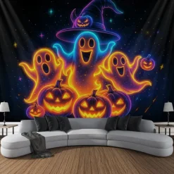 Halloween Blacklight Wall Tapestry – UV Reactive Three Cute Ghosts with Pumpkins in Haunted Graveyard, Neon Colors Spooky Night Scene, Glow in the Dark Wall Hanging for 2025 Halloween Decoration