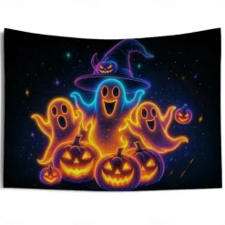 Halloween Blacklight Wall Tapestry – UV Reactive Three Cute Ghosts with Pumpkins in Haunted Graveyard, Neon Colors Spooky Night Scene, Glow in the Dark Wall Hanging for 2025 Halloween Decoration