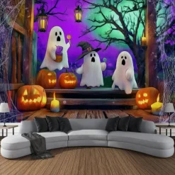 Halloween Blacklight Wall Tapestry – UV Reactive Three Cute Ghosts with Pumpkins in Haunted Graveyard, Neon Colors Spooky Night Scene, Glow in the Dark Wall Hanging for 2025 Halloween Decoration