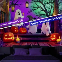 Halloween Blacklight Wall Tapestry – UV Reactive Three Cute Ghosts with Pumpkins in Haunted Graveyard, Neon Colors Spooky Night Scene, Glow in the Dark Wall Hanging for 2025 Halloween Decoration